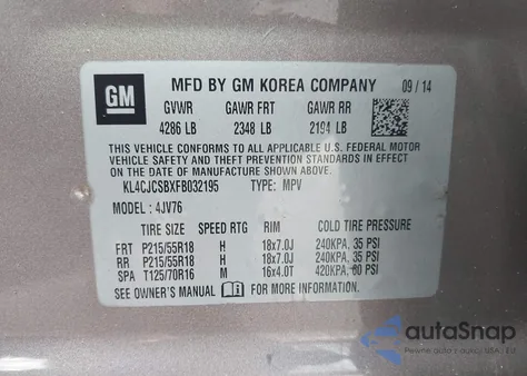 2015 Buick Encore Leather z USA, uszkodzony, nr VIN KL4CJCSBXFB032195